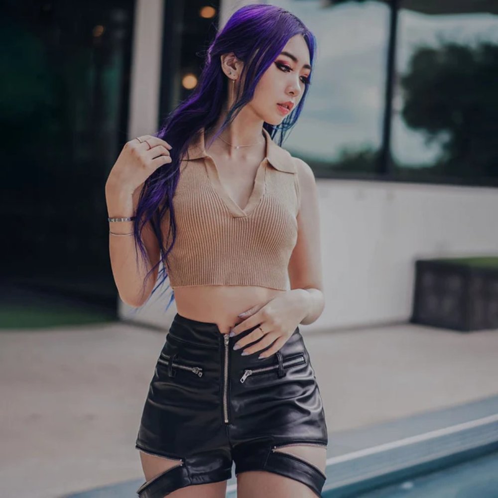 (1871) Lychee Choux Ribbed Polo Crop Top L Check Sizing Chart